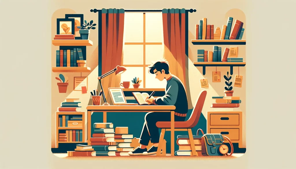 A warm and friendly illustration depicting a person studying diligently at a desk filled with books and a laptop. The setting is cozy, perhaps in a we