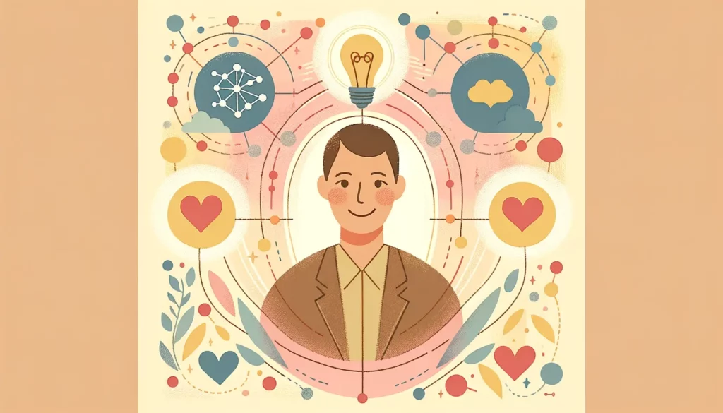 A warm and friendly illustration depicting a person with a thoughtful expression, surrounded by symbols of human-centric thinking such as a light bulb