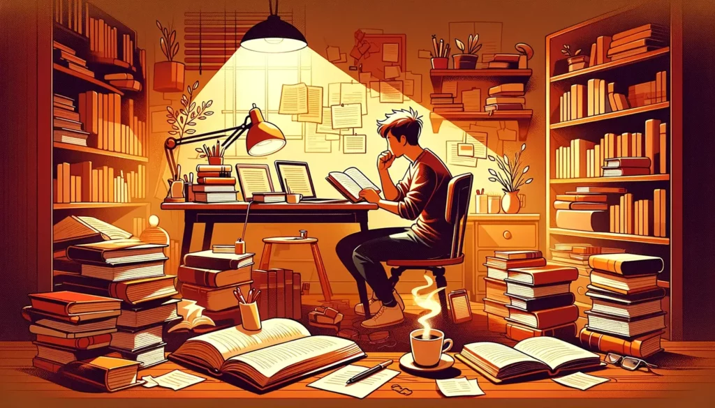 A warmly lit room filled with a cozy ambiance, where a person is seated at a spacious desk surrounded by books and a laptop. The person is deeply engr