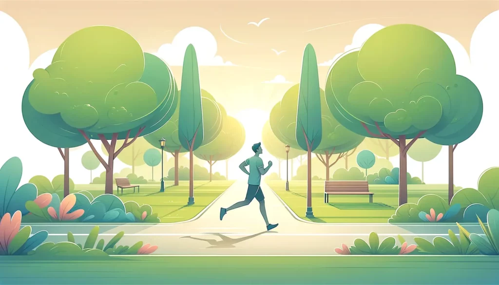 An illustration of a person lightly jogging in a serene park setting. The scene is designed to be wide, capturing the essence of a peaceful morning wi